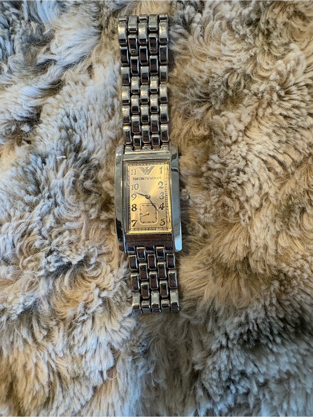 Emporio Armani Silver Link Rectangular Watch with Champagne Dial